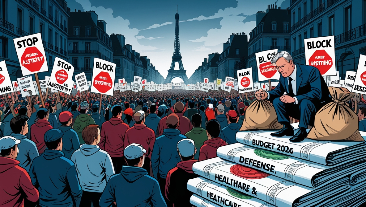 Ilustrasi satir protes besar di Paris menolak kebijakan austerity, dengan Menara Eiffel gelap dan pejabat menimbang anggaran pertahanan serta sosial.