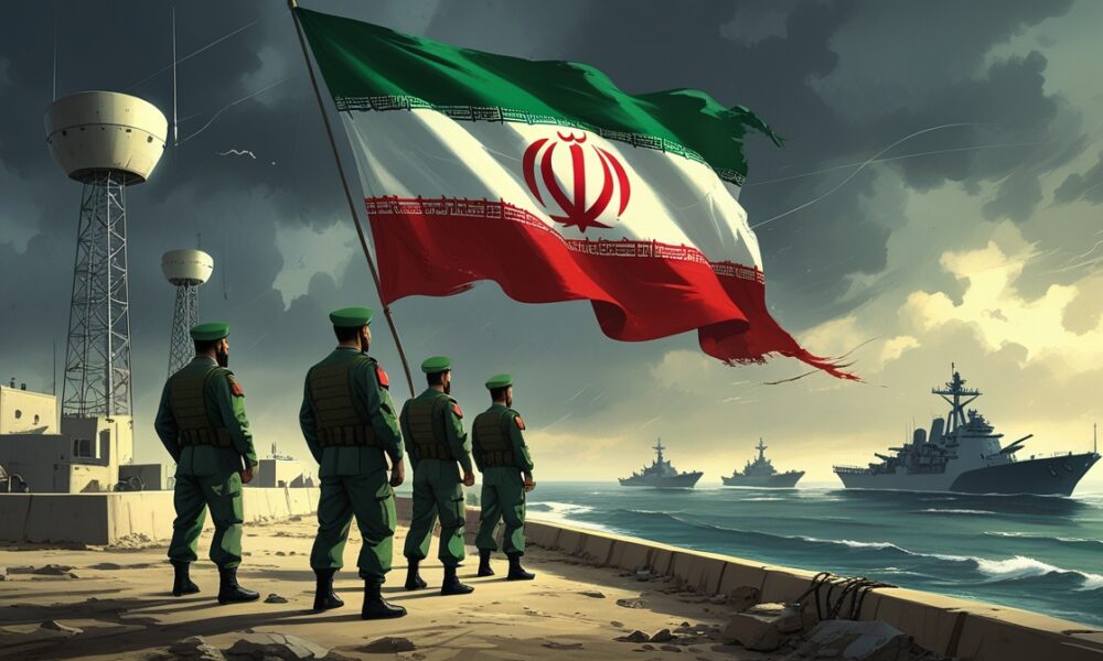 Ilustrasi editorial tentara Iran berjaga di tepi pantai dengan bendera Iran berkibar di tengah langit mendung, melambangkan kesiapsiagaan militer dan keteguhan melawan ancaman AS dan Israel.