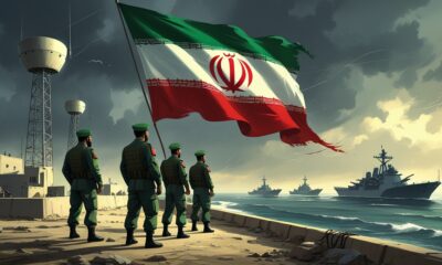Ilustrasi editorial tentara Iran berjaga di tepi pantai dengan bendera Iran berkibar di tengah langit mendung, melambangkan kesiapsiagaan militer dan keteguhan melawan ancaman AS dan Israel.