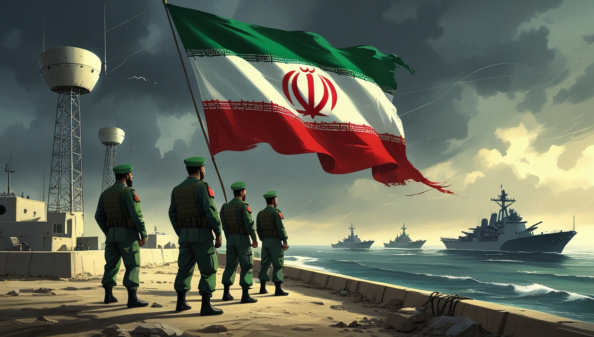 Ilustrasi editorial tentara Iran berjaga di tepi pantai dengan bendera Iran berkibar di tengah langit mendung, melambangkan kesiapsiagaan militer dan keteguhan melawan ancaman AS dan Israel.