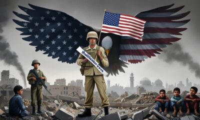 A stabilization force soldier stands over Gaza’s ruins, with a U.S. eagle shadow behind him.