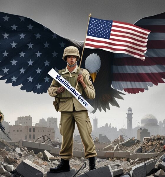 A stabilization force soldier stands over Gaza’s ruins, with a U.S. eagle shadow behind him.