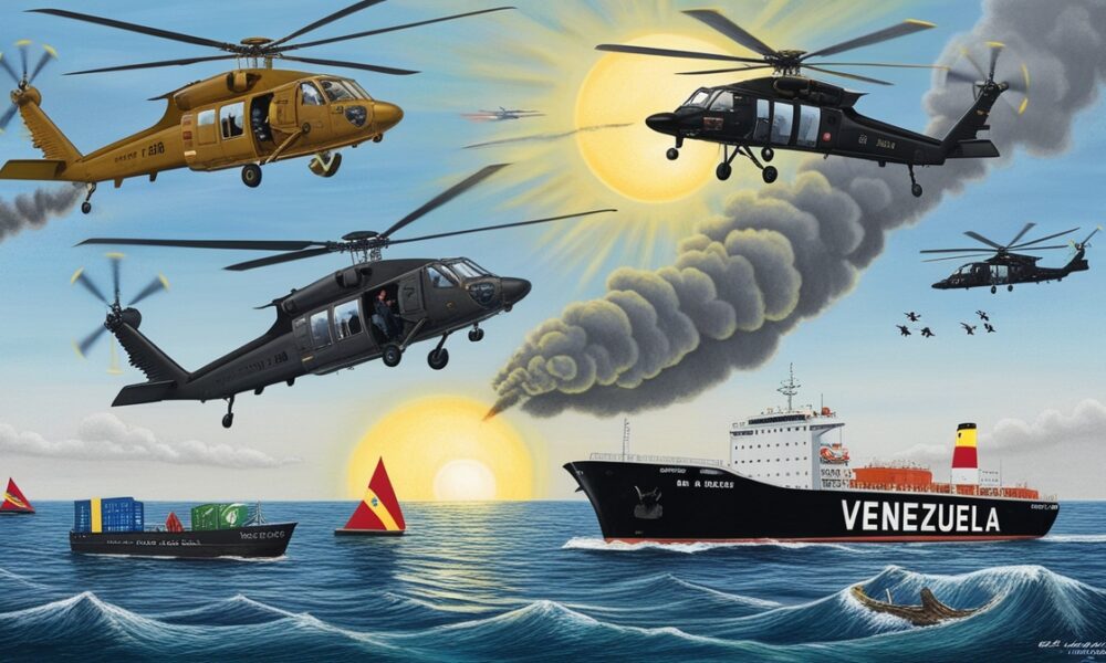 Helikopter militer AS terbang di atas laut Karibia menuju pantai Venezuela dengan kapal terbakar di bawahnya.