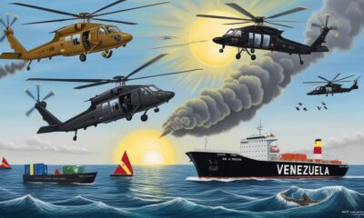 Helikopter militer AS terbang di atas laut Karibia menuju pantai Venezuela dengan kapal terbakar di bawahnya.