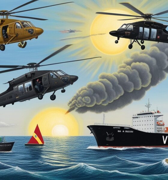 Helikopter militer AS terbang di atas laut Karibia menuju pantai Venezuela dengan kapal terbakar di bawahnya.