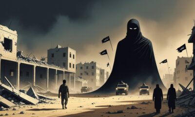 A shadowy militant figure rises over a destroyed Syrian city as U.S. troops withdraw, symbolizing the uncertain resurgence of ISIS.