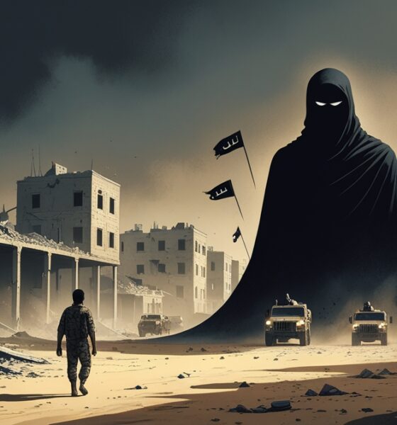 A shadowy militant figure rises over a destroyed Syrian city as U.S. troops withdraw, symbolizing the uncertain resurgence of ISIS.