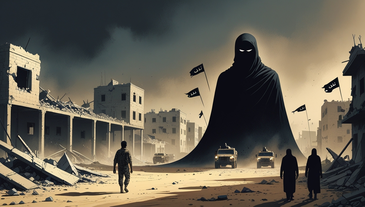 A shadowy militant figure rises over a destroyed Syrian city as U.S. troops withdraw, symbolizing the uncertain resurgence of ISIS.