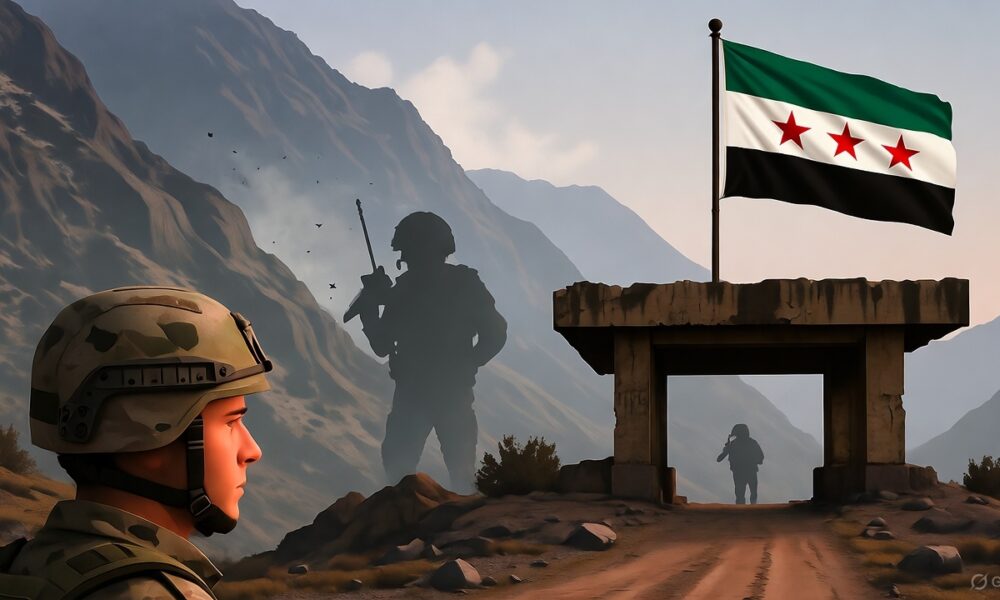 Ilustrasi editorial menunjukkan ketegangan di perbatasan Suriah–Lebanon, dengan bendera Suriah triwarna hijau-putih-hitam dan tiga bintang merah di tengah, bayangan militan bersenjata di kejauhan, serta seorang tentara Lebanon yang berjaga dalam suasana tegang menjelang senja.