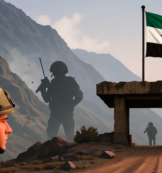 Ilustrasi editorial menunjukkan ketegangan di perbatasan Suriah–Lebanon, dengan bendera Suriah triwarna hijau-putih-hitam dan tiga bintang merah di tengah, bayangan militan bersenjata di kejauhan, serta seorang tentara Lebanon yang berjaga dalam suasana tegang menjelang senja.