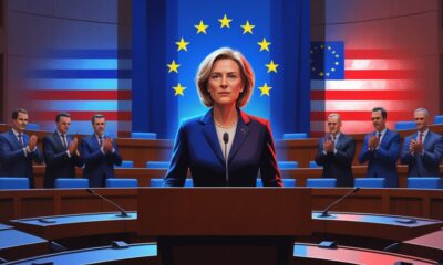 Illustration of Ursula von der Leyen in a hybrid European–American parliament, symbolizing the Americanization of European politics.