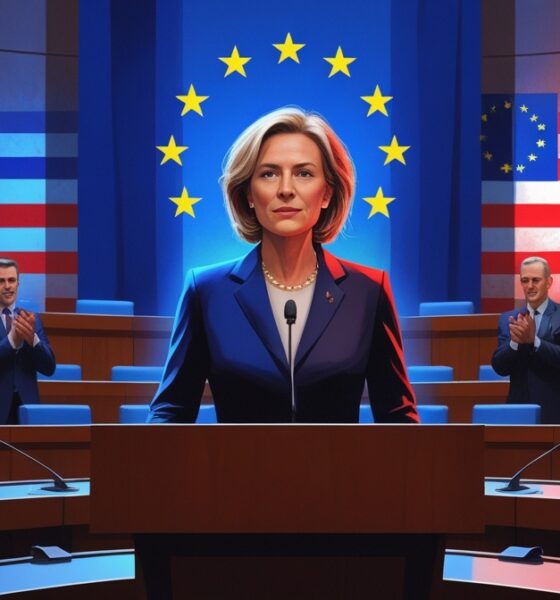 Illustration of Ursula von der Leyen in a hybrid European–American parliament, symbolizing the Americanization of European politics.
