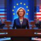 Illustration of Ursula von der Leyen in a hybrid European–American parliament, symbolizing the Americanization of European politics.