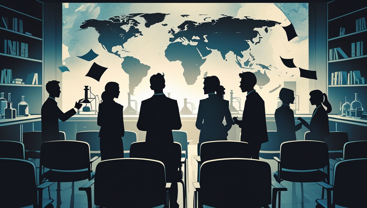 Ilustrasi boikot akademik Israel dengan kursi kosong di universitas, simbol konflik moral dan keterlibatan akademik