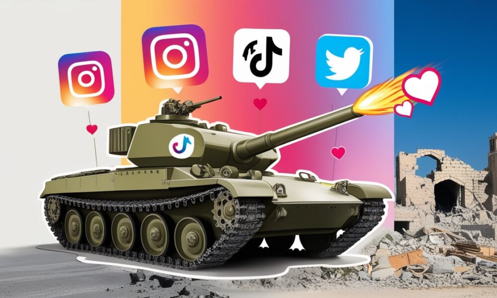 Ilustrasi editorial tank berubah menjadi ikon media sosial yang menembakkan notifikasi berbentuk like dan hati, dengan latar depan dunia digital berwarna dan reruntuhan Gaza di belakang.
