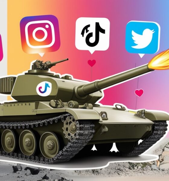 Ilustrasi editorial tank berubah menjadi ikon media sosial yang menembakkan notifikasi berbentuk like dan hati, dengan latar depan dunia digital berwarna dan reruntuhan Gaza di belakang.