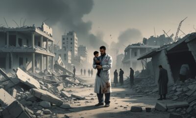 Palestinian doctor carrying a child amid Gaza ruins after two years of Israeli aggression.