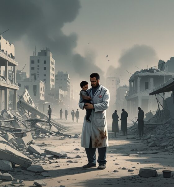 Palestinian doctor carrying a child amid Gaza ruins after two years of Israeli aggression.