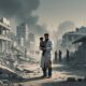 Palestinian doctor carrying a child amid Gaza ruins after two years of Israeli aggression.