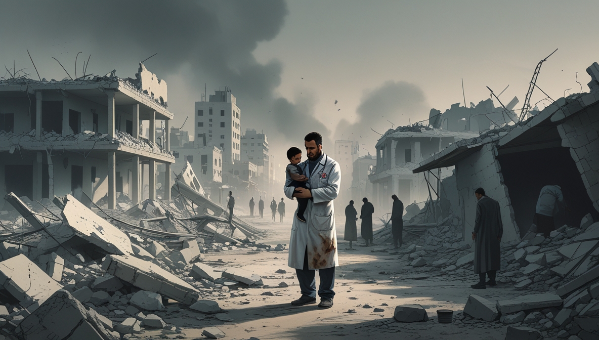 Palestinian doctor carrying a child amid Gaza ruins after two years of Israeli aggression.