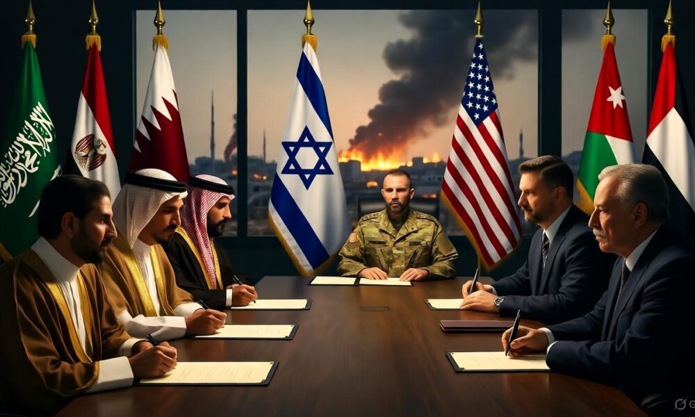 Ilustrasi editorial menampilkan para pemimpin Arab duduk bersama pejabat Zionis dan AS menandatangani dokumen rahasia, sementara di belakang mereka Gaza terbakar dan diabaikan.