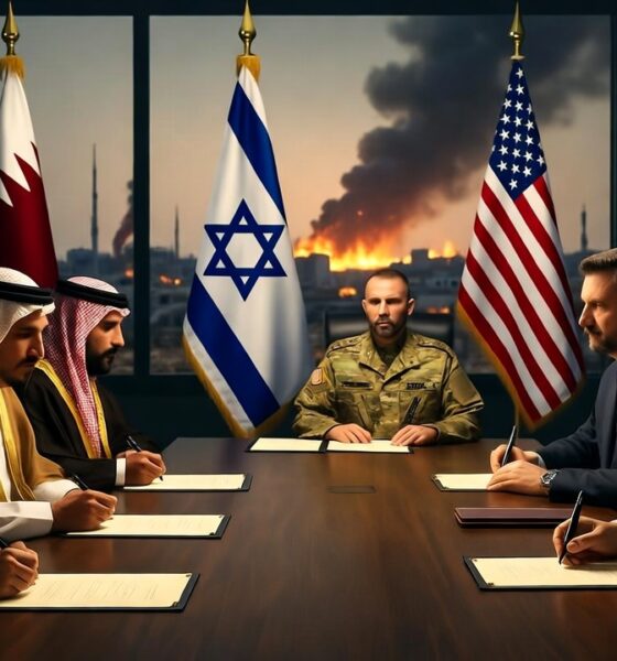 Ilustrasi editorial menampilkan para pemimpin Arab duduk bersama pejabat Zionis dan AS menandatangani dokumen rahasia, sementara di belakang mereka Gaza terbakar dan diabaikan.