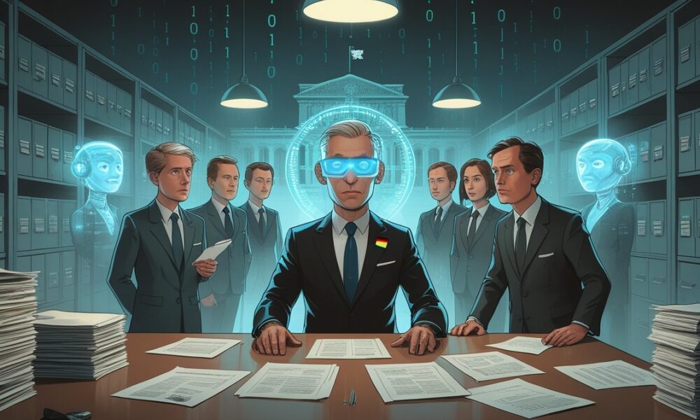 Ilustrasi editorial yang menampilkan pejabat Jerman dan avatar AI di kantor pemerintahan yang berubah menjadi ruang digital penuh kode biner.