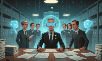 Ilustrasi editorial yang menampilkan pejabat Jerman dan avatar AI di kantor pemerintahan yang berubah menjadi ruang digital penuh kode biner.