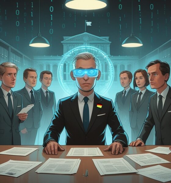 Ilustrasi editorial yang menampilkan pejabat Jerman dan avatar AI di kantor pemerintahan yang berubah menjadi ruang digital penuh kode biner.