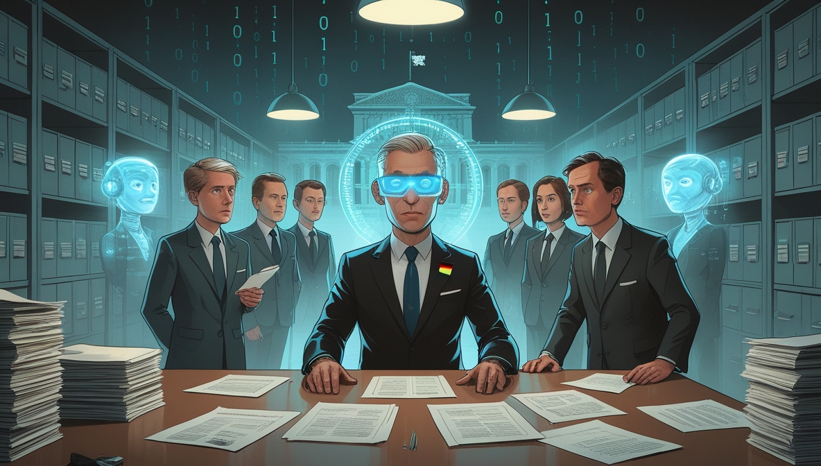 Ilustrasi editorial yang menampilkan pejabat Jerman dan avatar AI di kantor pemerintahan yang berubah menjadi ruang digital penuh kode biner.