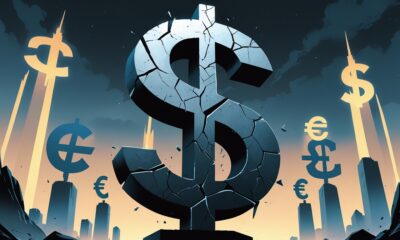 Ilustrasi editorial patung simbol dolar retak dengan latar simbol mata uang lain yang mulai bangkit.