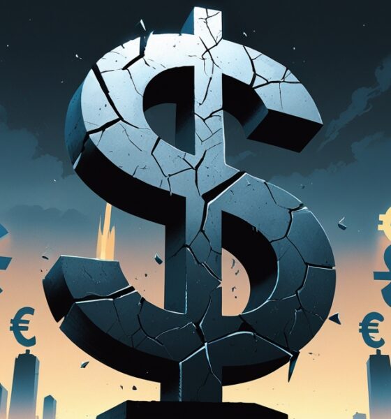 Ilustrasi editorial patung simbol dolar retak dengan latar simbol mata uang lain yang mulai bangkit.