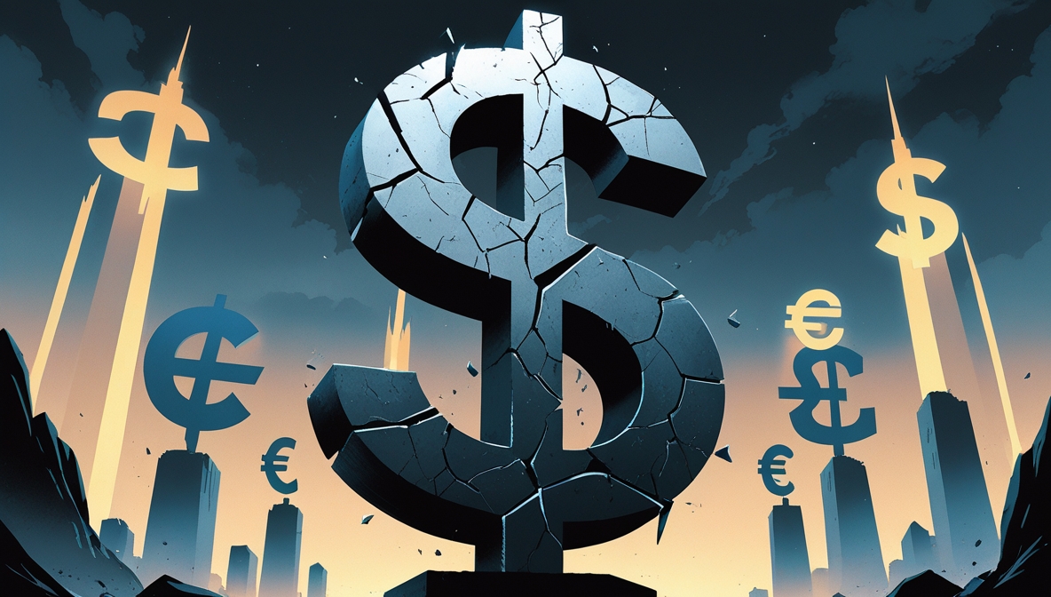 Ilustrasi editorial patung simbol dolar retak dengan latar simbol mata uang lain yang mulai bangkit.