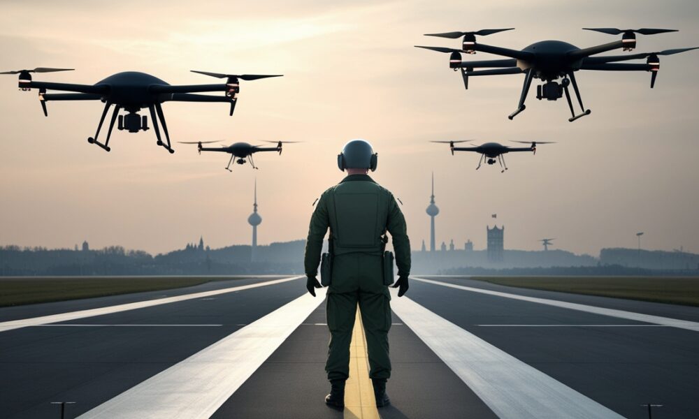 German combat drones in the Berlin sky, symbolizing expensive security and economic pressure.