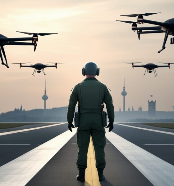 German combat drones in the Berlin sky, symbolizing expensive security and economic pressure.