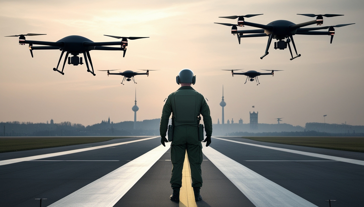 German combat drones in the Berlin sky, symbolizing expensive security and economic pressure.