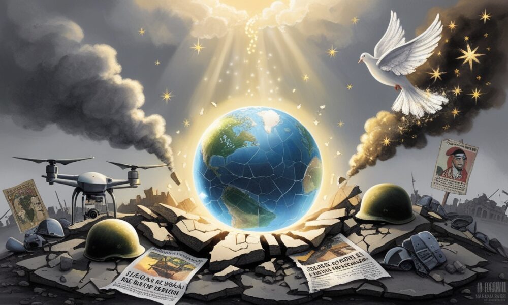 Illustration of a new world emerging from Gaza’s ruins after the Al-Aqsa Flood, symbolizing hope and resistance.