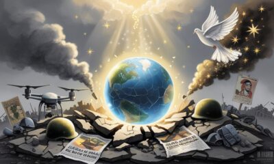 Illustration of a new world emerging from Gaza’s ruins after the Al-Aqsa Flood, symbolizing hope and resistance.