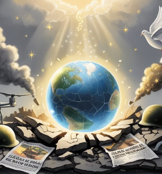 Illustration of a new world emerging from Gaza’s ruins after the Al-Aqsa Flood, symbolizing hope and resistance.