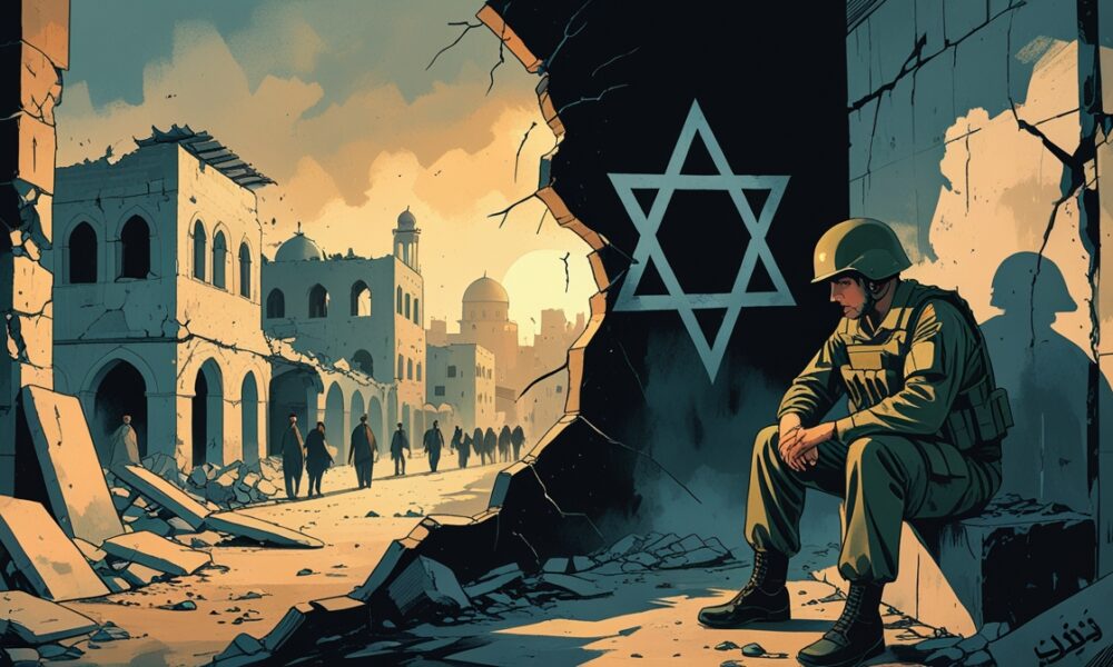 Ilustrasi editorial yang menggambarkan dua tahun setelah Operasi Badai al-Aqsa, memperlihatkan kontras antara keteguhan warga Gaza di tengah reruntuhan dan keputusasaan tentara Israel yang dilanda trauma perang.