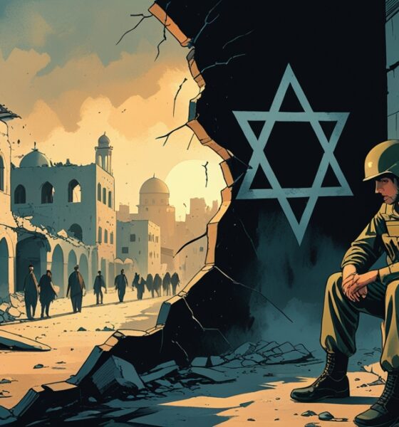 Ilustrasi editorial yang menggambarkan dua tahun setelah Operasi Badai al-Aqsa, memperlihatkan kontras antara keteguhan warga Gaza di tengah reruntuhan dan keputusasaan tentara Israel yang dilanda trauma perang.