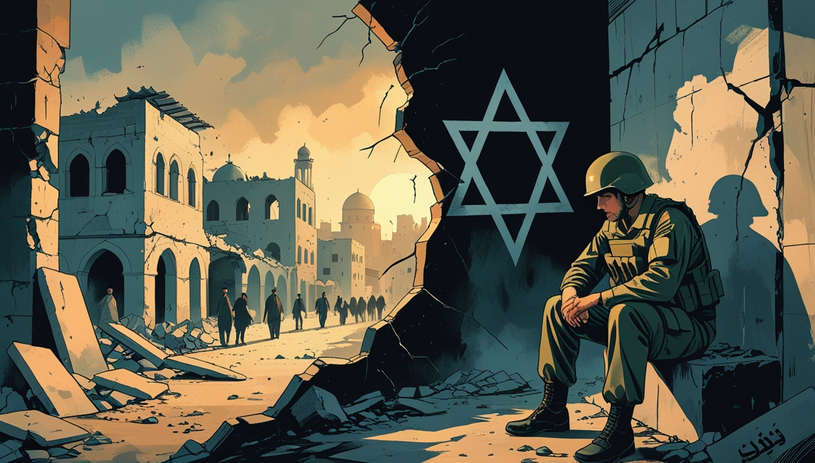 Ilustrasi editorial yang menggambarkan dua tahun setelah Operasi Badai al-Aqsa, memperlihatkan kontras antara keteguhan warga Gaza di tengah reruntuhan dan keputusasaan tentara Israel yang dilanda trauma perang.