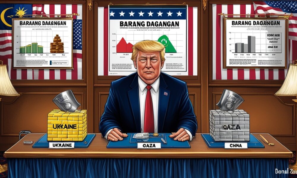 Donald Trump menimbang miniatur dunia bertuliskan Ukraina, Gaza, dan China di meja seperti pedagang.