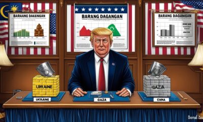 Donald Trump menimbang miniatur dunia bertuliskan Ukraina, Gaza, dan China di meja seperti pedagang.