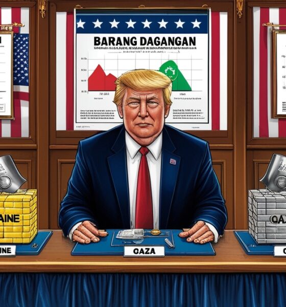 Donald Trump menimbang miniatur dunia bertuliskan Ukraina, Gaza, dan China di meja seperti pedagang.