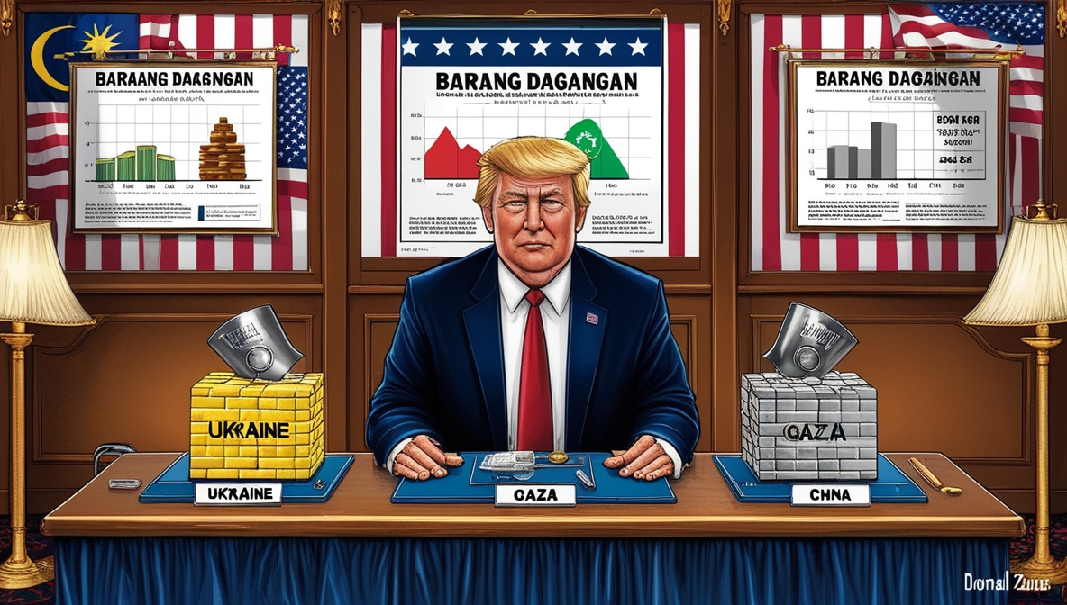 Donald Trump menimbang miniatur dunia bertuliskan Ukraina, Gaza, dan China di meja seperti pedagang.