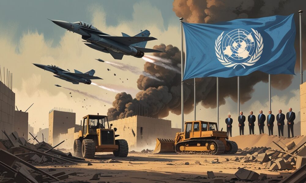 Illustration of Israel’s airstrike in Lebanon during a ceasefire, showing global silence.