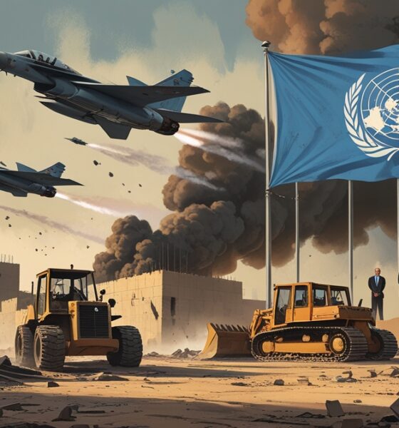 Illustration of Israel’s airstrike in Lebanon during a ceasefire, showing global silence.