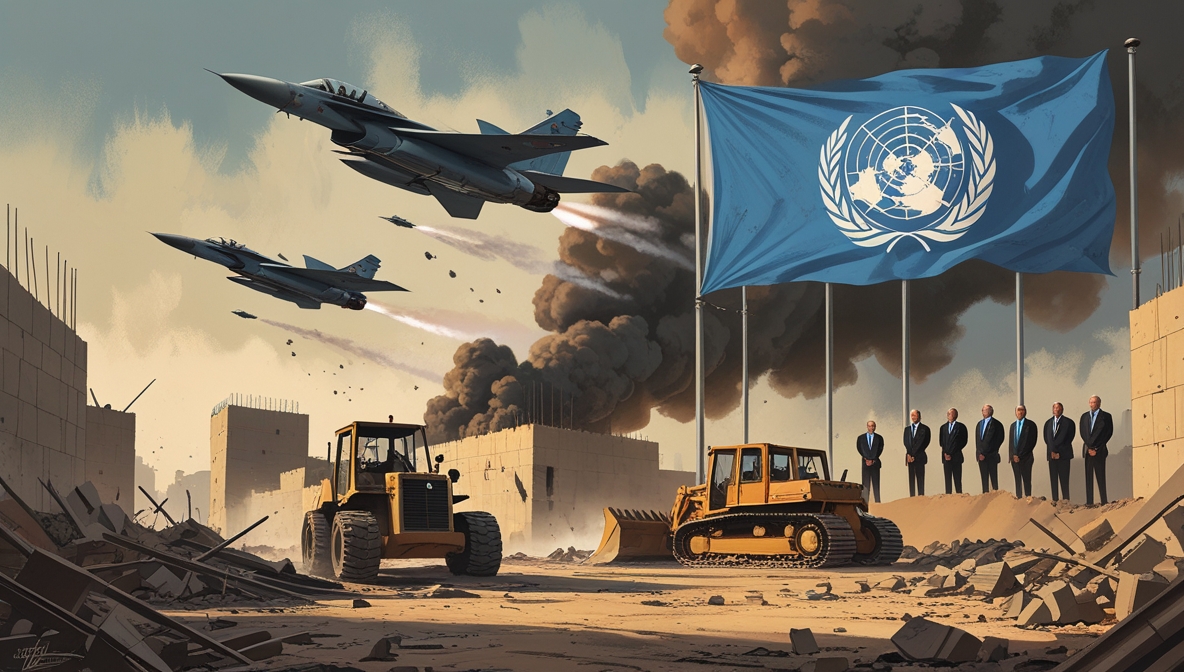 Illustration of Israel’s airstrike in Lebanon during a ceasefire, showing global silence.