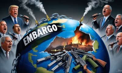 Ilustrasi editorial bergaya realistik yang menggambarkan dunia berteriak menentang perang sementara senjata terus mengalir melewati embargo yang bocor; simbol kemunafikan global di tengah kehancuran Gaza.